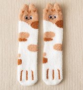 Fluffy Sokken dames - huissokken - wit / bruin / met ogen - 36-40 - dikke sokken