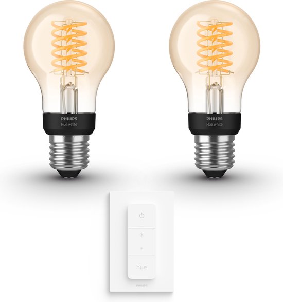 Philips Hue White E27 Uitbreidingspakket - 2 Hue Lampen en Dimmer Switch - Warm Licht - Filament Standaard - Werkt met Alexa en Google Home