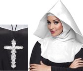 4x stuks nonnen carnaval verkleed setje van hoofdkap kraag en zilveren kruis aan ketting - Verkleedkleding