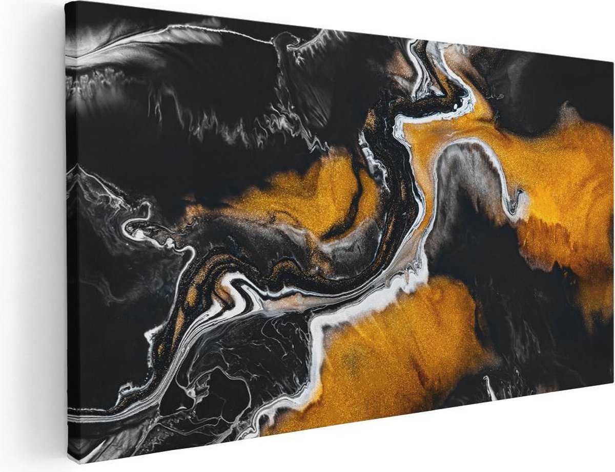 Artaza Canvas Schilderij Abstracte Kunst van Zwarte Gouden Verf - 80x40 - Foto Op Canvas - Canvas Print