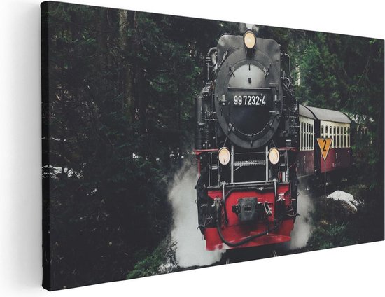 Artaza Canvas Schilderij Locomotief in de Bossen met Stoom Wolken  - 80x40 - Foto Op Canvas - Canvas Print