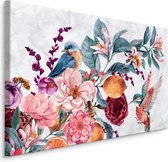 Schilderij - Bloemen en Kolibrie in Aquarel II (print op canvas), multi-gekleurd, 4 maten, wanddecoratie