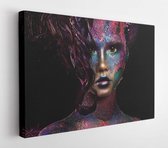Canvas schilderij - Close up portrait of young beautiful girl with colorful face painting. Halloween professional makeup. hair in paint. beauty portrait. colorful beads on face  -