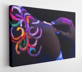 Canvas schilderij - Sensual hands and shoulders of young woman with fluorescent make-up, colorful creative prints on body glows in UV light. isolated dark space  -     1688437345 -