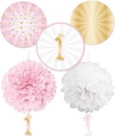 decoratieset 1st Birthday junior papier roze/wit 5-delig