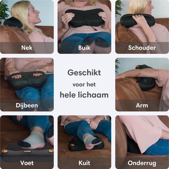 Collage toont vrouw die massagekussen gebruikt voor nek, buik, schouder, dijbeen, arm, voet, kuit en onderrug.