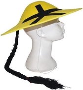 2x stuks geel Chinezen/Aziatische verkleed thema hoedje met vlecht - Carnaval hoeden