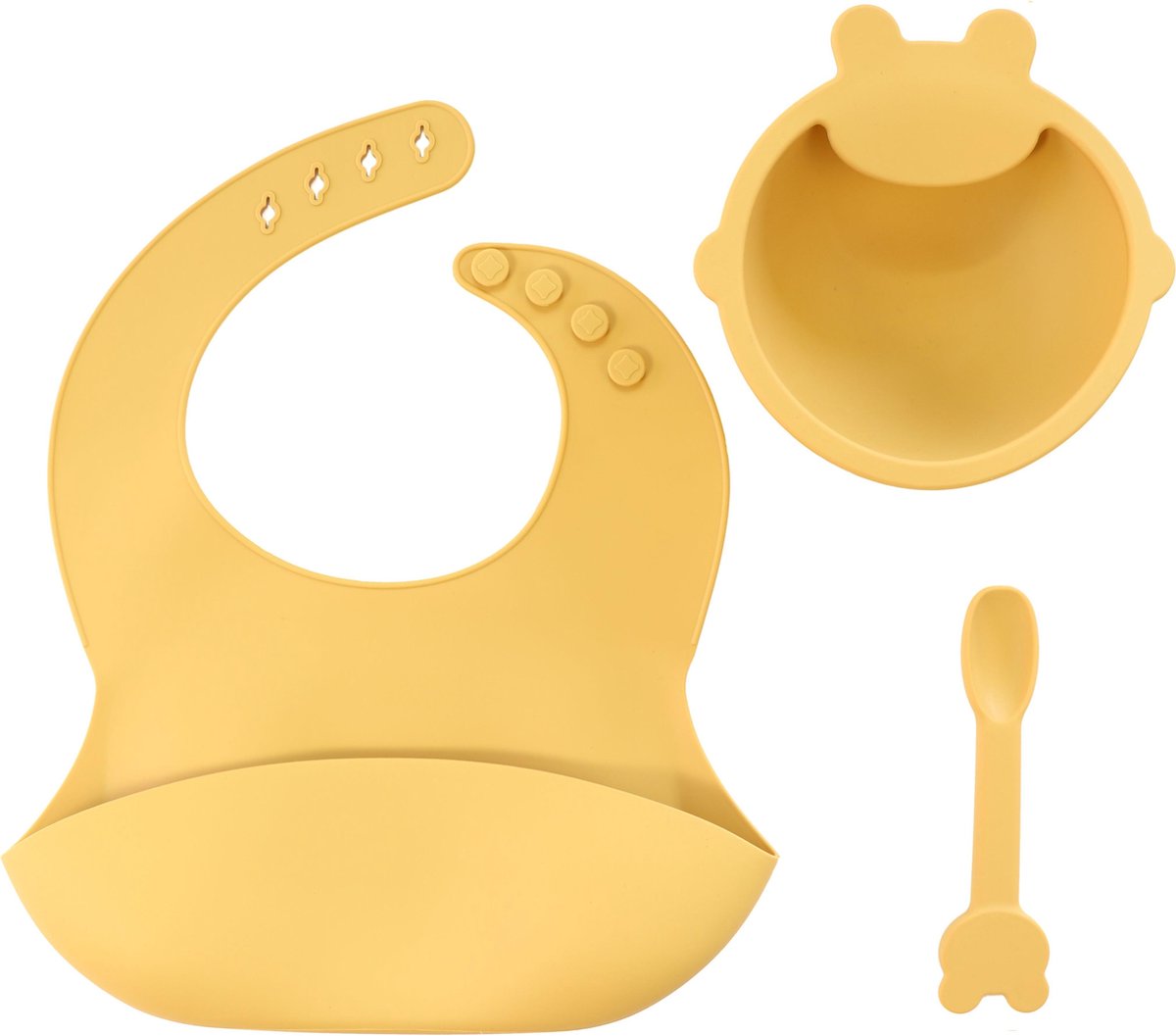 Goedkoopste KliederZ 3-delige Siliconen Eetset | voor baby en peuters | Slabbetje Schaaltje Lepel | Kwalitatieve kinder serviesset met opvangbakje en zuignap | Geel Mango SE02