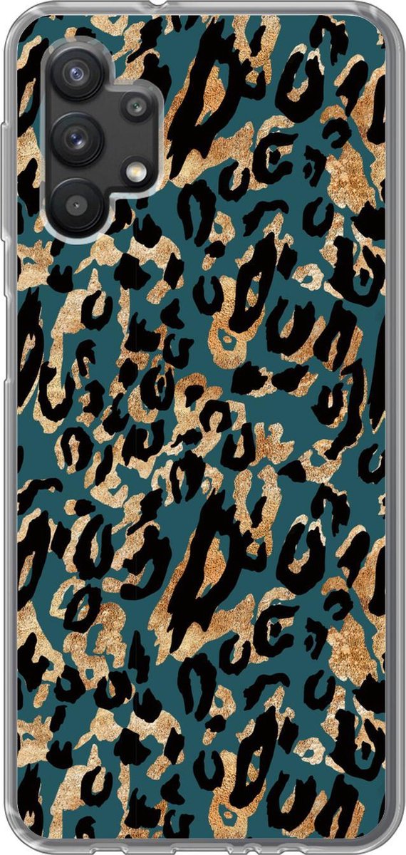Telefoonhoesje Geschikt voor Samsung Galaxy A32 5G hoesje - Panterprint - Zwart - Bruin - Turquoise - Siliconen Telefoonhoesje Telefoonhoesje