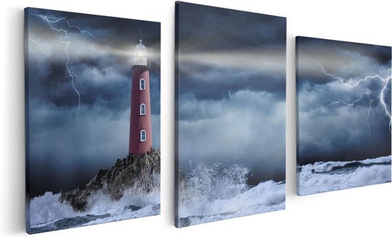 Artaza Canvas Schilderij Vuurtoren op een Storm Zee met Golfen Water - Foto Op Canvas - Canvas Print