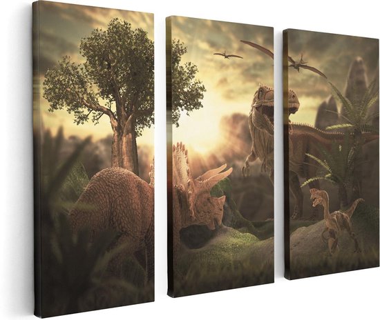 Artaza Canvas Schilderij Drieluik Dinosauriërs in de Natuur - Dino's  - 120x80 - Foto Op Canvas - Canvas Print