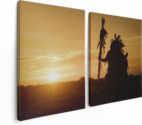Artaza Toile Peinture Diptyque Indien avec une Lance au Coucher du Soleil - 120x80 - Photo sur Toile - Impression sur Toile
