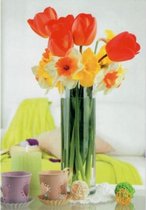 Een fleurige wenskaart met vrolijk gekleurde narcissen en tulpen in een vaas. Een dubbele wenskaart inclusief envelop en in folie verpakt. Te gebruiken voor diverse gelegenheden bijv. verjaardag, zomaar, bedankt, afscheid, beterschap, veel geluk etc.