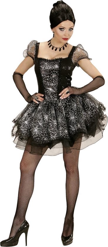 Widmann - Heks & Spider Lady & Voodoo & Duistere Religie Kostuum - Burlesque Spinnen Dame - Vrouw - Zwart, Zilver - Large - Halloween - Verkleedkleding