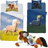 Dekbedovertrek Paard - Glow in the Dark - 1 persoons 140x200 - kussen 70x80 - dekbed bruin paard, incl. grote Paarden pluche knuffel 60 cm - met verzorging set - bruin wit.