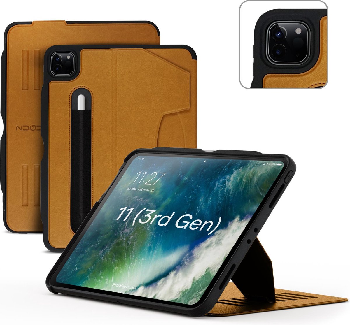 Zugu case - iPad Pro 11 Gen 4, 3 & 2 (2022/2021/2020) - oersterke luxe flip-over case - volledige 360˚ bescherming – met multifunctionele standaard functie – geschikt voor Apple Pencil - Bruin
