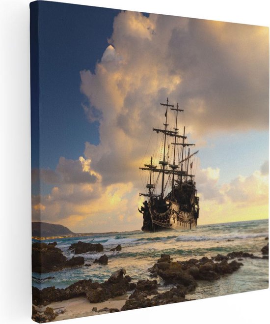 Artaza Canvas Schilderij Piratenschip aan de Kust bij Zonsondergang - 80x80 - Groot - Foto Op Canvas - Canvas Print