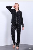 Katoen-Satijn Dames 2- Delige -Pyjama- Luxe Pyjamaset- Nachtkleding Zwart met Hartjes Maat XL
