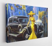 Canvas schilderij - Car and girl, old town, oil paintings, art  -     567842944 - 115*75 Horizontal