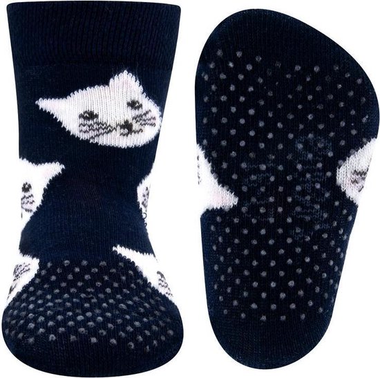 Chaussettes antidérapantes à pois - Bleu foncé avec têtes de chat - 17/18