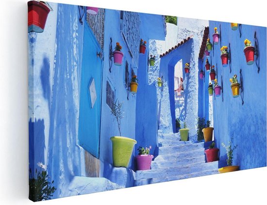 Artaza Canvas Schilderij Blauwe Huizen met Bloempotten in Chefchaouen, Marokko - 40x20 - Klein - Foto Op Canvas - Canvas Print