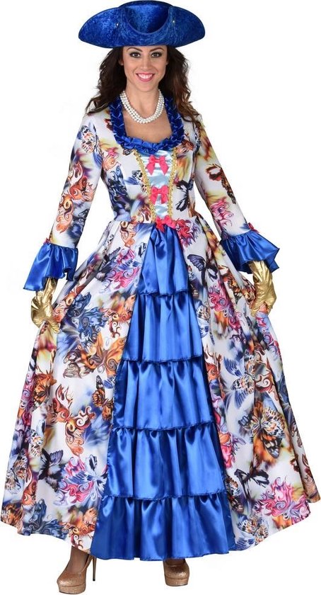 Magic By Freddy's - Middeleeuwen & Renaissance Kostuum - Markiezin Du Butterfly Vlinder - Vrouw - Blauw - Small - Carnavalskleding - Verkleedkleding