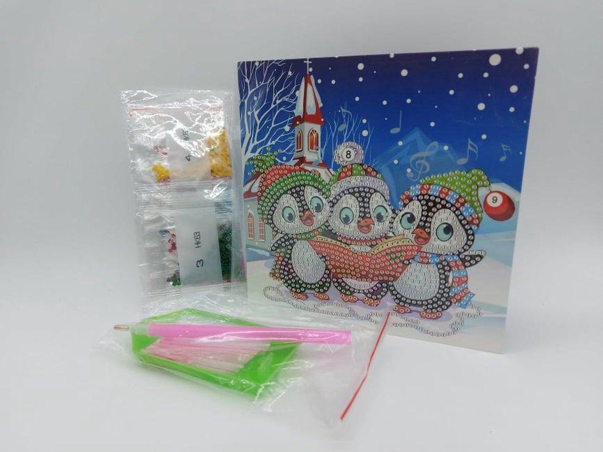 Diamond painting Kerstkaart - vierkant - Kerstpinquins