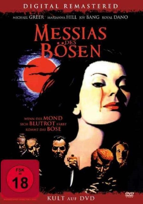 De hoes van de film 'Messias des Bösen' toont een vrouw met een bloedende traan, onder een bloedrode maan. De titel 'Messias des Bösen' staat centraal.