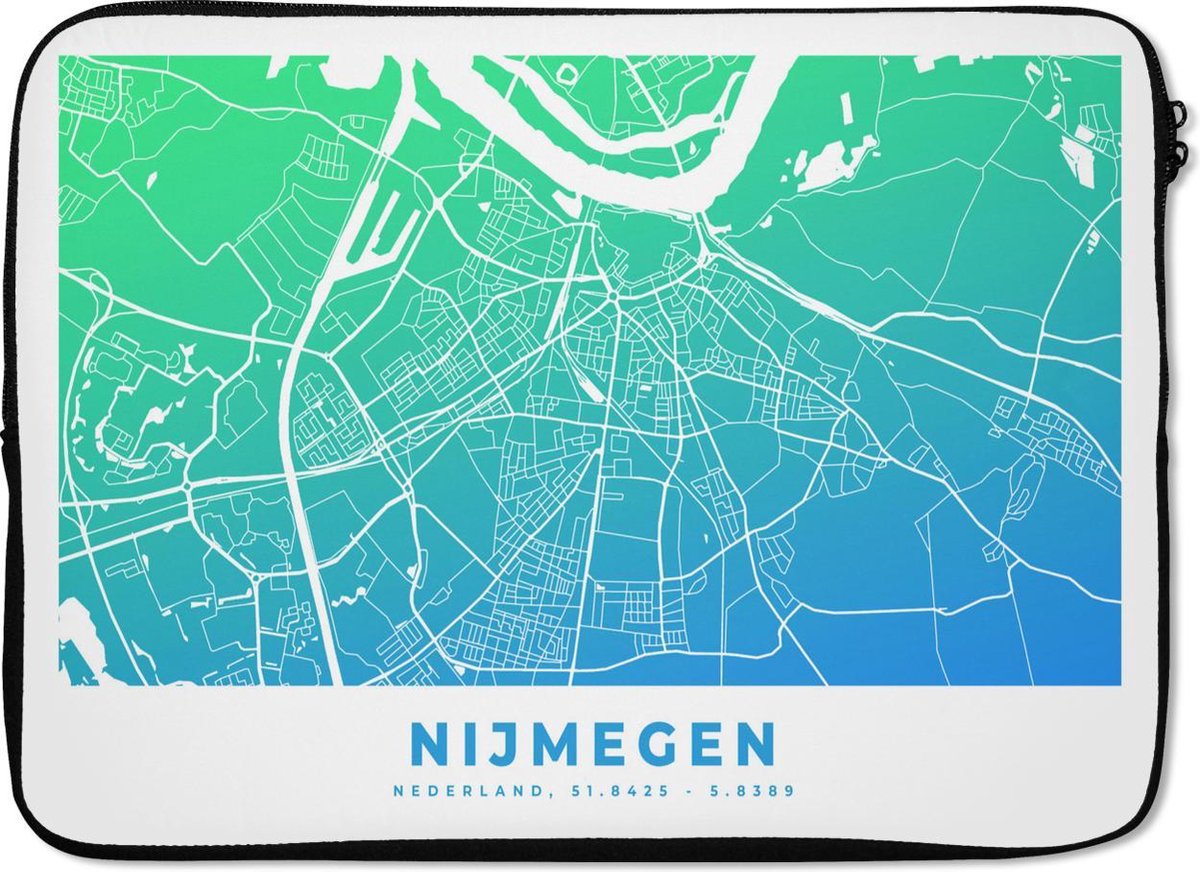Laptophoes 14 inch - Stadskaart - Nijmegen - Nederland - Blauw - Laptop sleeve - Binnenmaat 34x23,5 cm - Zwarte achterkant