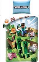 Minecraft Dekbedovertrek Battle - Steve - Creeper - Sheep - 140 x 200 cm. 70% Polyester / 30% Katoen.
