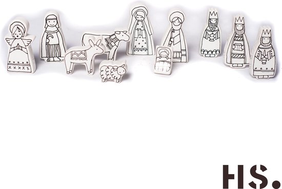Kerststal met losse figuren - Wit/Zwart - 11 delig - keramiek