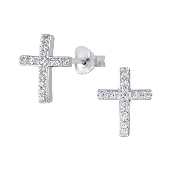 Joy|S - Zilveren Kruis oorbellen - 9 x 11 mm - zirkonia - gehodineerd