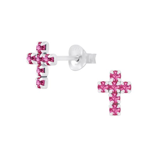 Joy|S - Zilveren kruis oorbellen - 6 x 9 mm - roze kristal