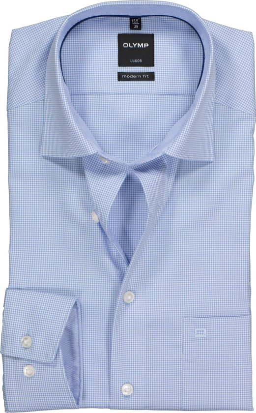 OLYMP Luxor modern fit overhemd - lichtblauw met wit geruit (contrast) - Strijkvrij - Boordmaat: 43