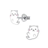 Joy|S - Zilveren kat poes oorbellen - 8 mm - kitten wit