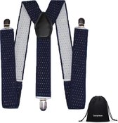 Luxe chique bretels - Donkerblauw stip wit - Sorprese - zwart leer - 3 extra stevige clips - heren - unisex