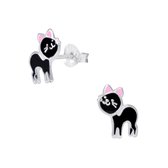Joy|S - Zilveren kat poes oorbellen - 7 x 9 mm - zwart