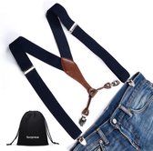 Luxe chique bretels - donkerblauw - Sorprese - Y-model met 4 stevige clips - bruin leer - heren - unisex