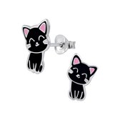 Joy|S - Zilveren kat poes oorbellen - 8 x 12 mm - zwart