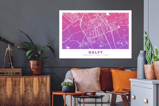 Stickers Stickers muraux - Plan de la ville - Delft - Pays- Nederland - Violet - 120x80 cm - Feuille adhésive - Carte