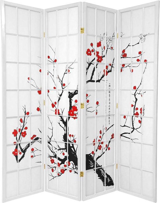 Fine Asianliving Japans Kamerscherm L180xH180cm 4 Panelen Shoji Rijstpapier Wit - Sakura