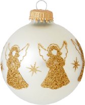 Zilveren Kerstballen met Gouden Glitter Engeltjes - doosje van 4 kerstballen van 7 cm