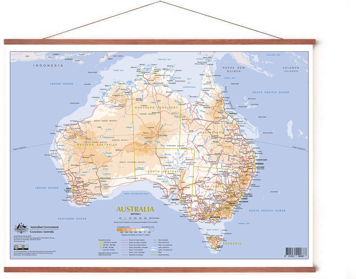 Esque Poster In Posterhanger - Kaart Australië - 50x70 cm - Steden & Staten - Kader Hout - Ophangsysteem - Educatief