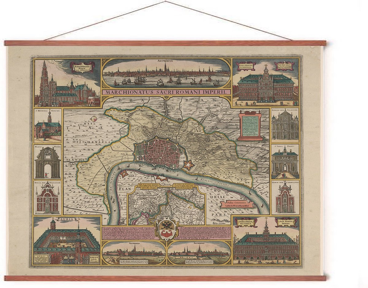Esque Poster In Posterhanger - Historische Oude Kaart Antwerpen 50x70 cm - Kader Hout - Ophangsysteem - Stadsplattegrond