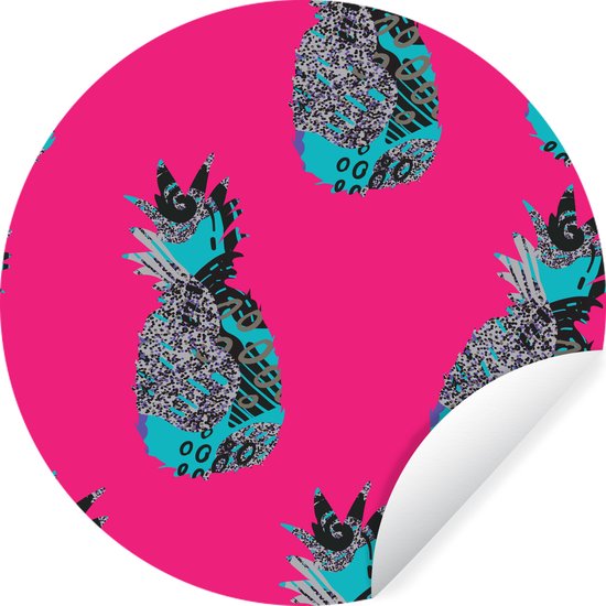 WallCircle - Muurstickers - Behangcirkel - Illustratie van patroon met abstract ingekleurde ananassen - ⌀ 120 cm - Muurcirkel - Zelfklevend - Ronde Behangsticker XXL