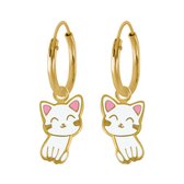 Joy|S - Zilveren kat poes bedel oorbellen - wit - oorringen - 14k goudplating