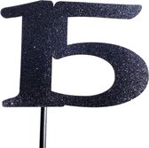 Taartdecoratie | Taarttopper| Taartversiering| Verjaardag| Cijfers| 15| Zwart glitter| 14 cm| karton