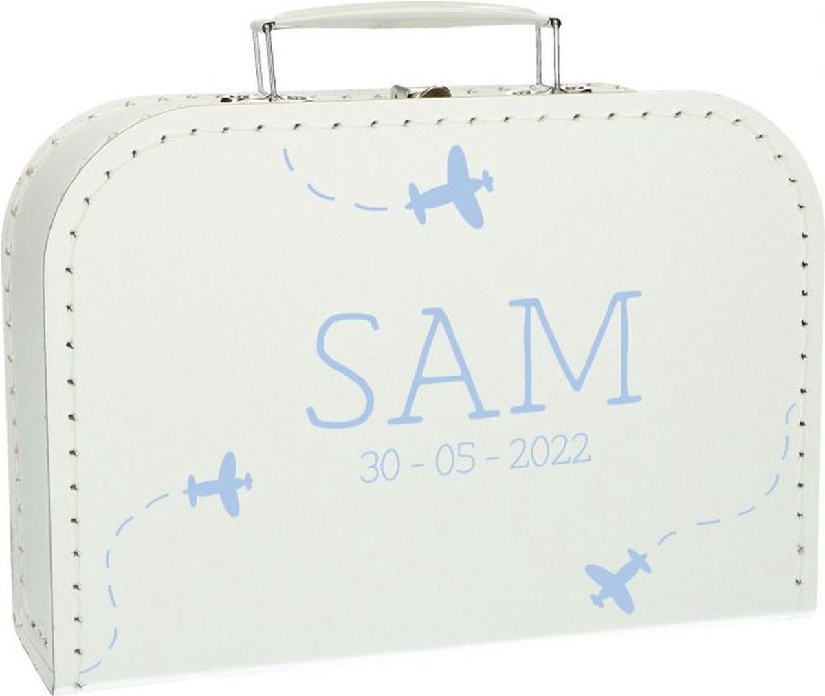 Kinder koffertje vliegtuig met naam M - Logeerkoffer - Kraamcadeau - Jongen en meisje - Gepersonaliseerd - Newborn - Cadeau - Baby - Babykamer
