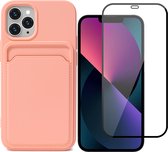 Hoesje Pasjeshouder geschikt voor iPhone 13 Pro Roze - Siliconen Case Back Cover + Full Screen Protector Glas Screenprotector