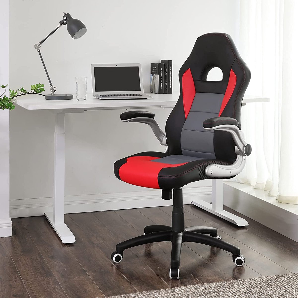 MEUBELEXPERT gamestoel, racestoel, bureaustoel met hoge rugleuning, bureaustoel, in hoogte verstelbaar, opklapbare armleuningen, wipfunctie, voor gamers, zwart-grijs-rood